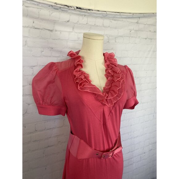 Bebe Y2K Silk Medium Pink Ruffle Sheer Puff Sleeve Midi Belted Dress - Picture 5 of 8